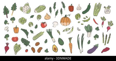 Hand drawn crayon vegetable doodle set. Textured pastel sketch icons of market produce for rustic recipe design, kids nutrition projects, and organic Stock Vector
