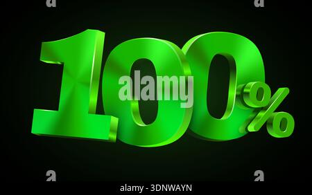 Shiny green 3D 100 percents symbol on a dark background, representing discount, achievement, or completion. Vector illustration Stock Vector