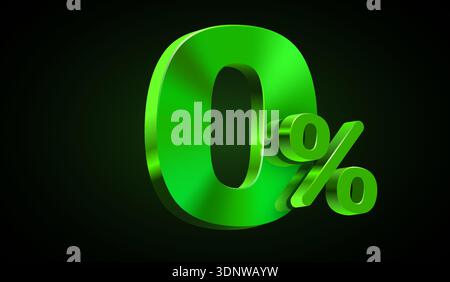 Glossy green 0 percents symbol in 3D on a dark background, perfect for promotions, discounts, or special offers. Vector illustration. Stock Vector