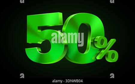 Stunning 3D metallic green 50 percents symbol on a dark background, ideal for promotions and sales. Vector illustration. Stock Vector