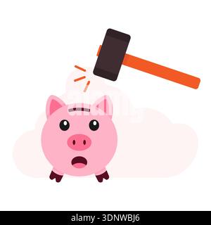 Shocked piggy bank and hammer financial crisis vector illustration Stock Vector