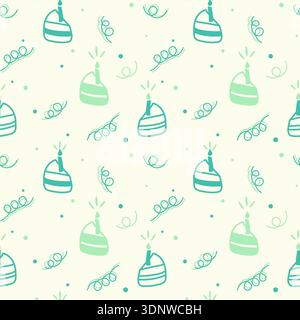 Birthday backdround. A pattern featuring doodle sketches of cake slices with candles, done in soft blue and green tones, with dessert silhouettes and Stock Vector