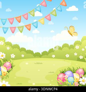 Easter Spring Landscape with Colorful Eggs and Flowers.Cute cartoon spring Easter vector illustration with colorful decorated eggs, blooming flowers. Stock Vector
