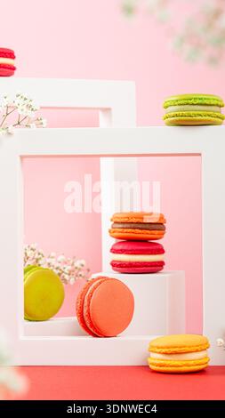 Colorful macarons arranged in white frames on a pink background with floral accents and vibrant colors Stock Photo