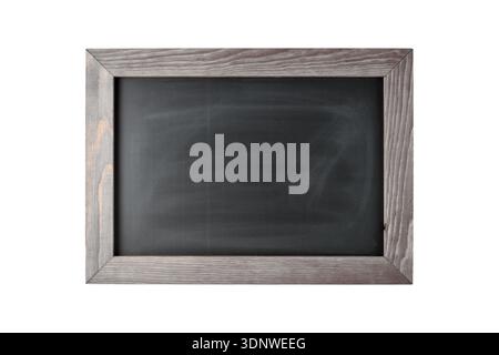 Blank vintage black board or school chalkboard or menu frame or card mockup isolated on white background. Wooden grey chalkboard with copy space. Stock Photo