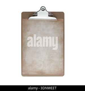 Retro brown clipboard with blank vintage paper sheet isolated on white background Stock Photo