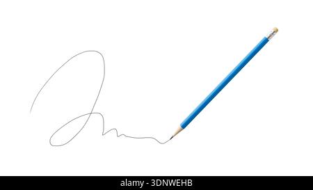 Black graphite pencil drawing curved line. Blue wooden pencil with eraser isolated on white background. Stock Photo