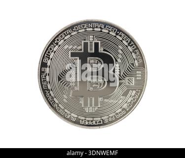 Silver bitcoin coin isolated on white background. Symbol of electronic virtual money and mining cryptocurrency concept. Stock Photo