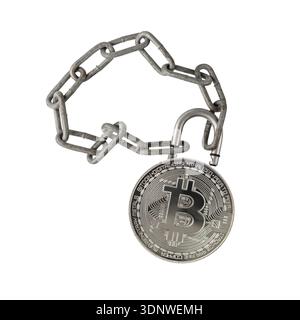 Old  metallic chain with silver bitcoin coin lock isolated on white background. Blockchain concept. Symbol of electronic virtual money and mining cryp Stock Photo