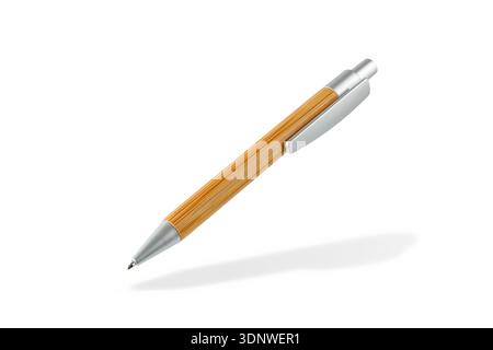 Bamboo pen flying isolated on white background. Wooden ball pen with shadow Stock Photo