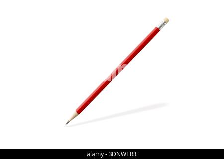 Red wooden graphite pencil with eraser flying isolated on white background. Stock Photo