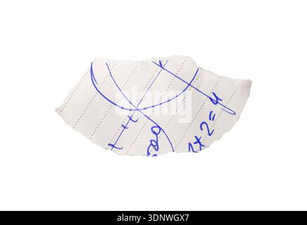 A torn piece of lined paper with blue pen notes, numbers, and curved hand-drawn lines, isolated on white. White paper fragment with dotted ruling and Stock Photo