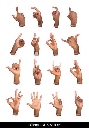 Hand gesture set with various finger signs, isolated on a white background. forming thumbs up, OK, shaka, rock horn, pointing, and open palm gestures, Stock Photo