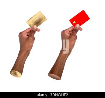 Hand holding a premium bank card, isolated on a white background. showing a golden and red credit card symbolizing luxury, wealth, cashless payment, a Stock Photo