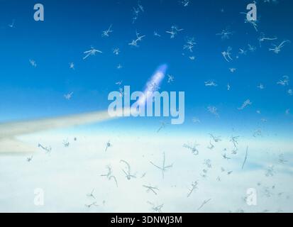 View through an airplane window with frost crystals and ice patterns on glass against a blue sky, clouds, blurred plane wing. travel mood, flight Stock Photo