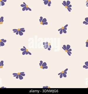 Seamless Floral Pattern With Hand-Drawn Abstract Blooming Purple Flowers And Textured Crayon Hatching on Light Background. Vector Square Illustration Stock Vector