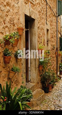 Traditional Valldemossa house entrance decorated with plants. Authentic Mallorcan village street. Stock Photo