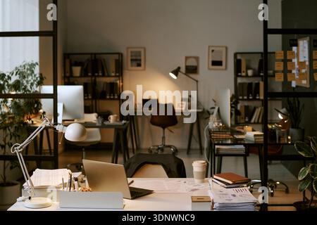Modern Business Office Interior Featuring Empty Desks and Workstations Stock Photo