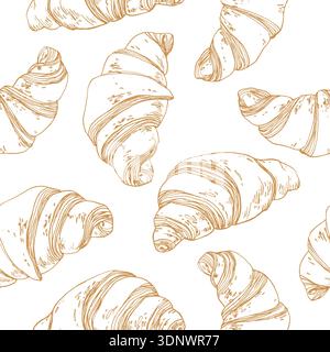 Croissant hand-drawn seamless vector pattern. Template for label design, menus, recipes, bakery Stock Vector