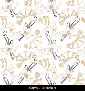 Croissant, vanilla and whipped cream. Hand-drawn seamless vector pattern with desserts.  Stock Vector