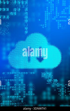 Cloud storage symbol with data uploads and downloads on a digital background Stock Photo