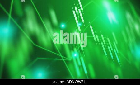Stock market chart shows upward trend with green lines and light effects Stock Photo