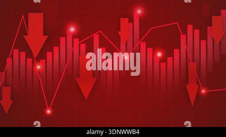 Market trends show a decline in stock prices on a red background with downward arrows Stock Photo