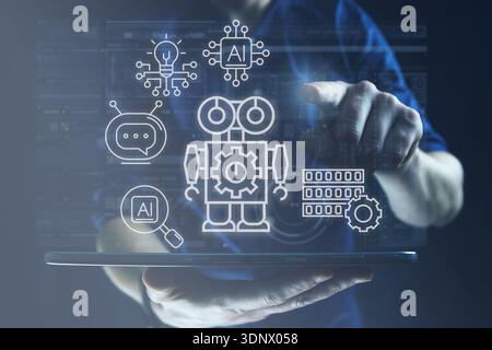 User interacting with artificial intelligence icons and robot automation symbols on a digital tablet, concept of machine learning and smart industrial Stock Photo