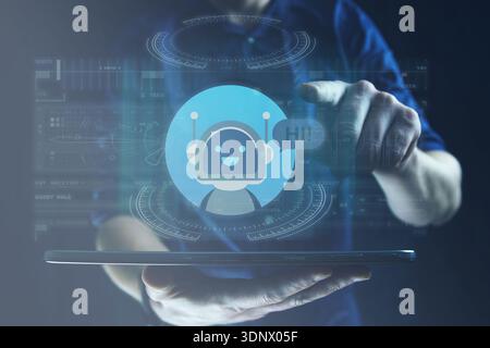 Person interacting with a futuristic AI chatbot interface on a digital tablet, modern customer support and artificial intelligence communication techn Stock Photo