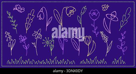Spring flowers grass leaves bee and butterfly doodle elements in children chalk drawing style Stock Vector