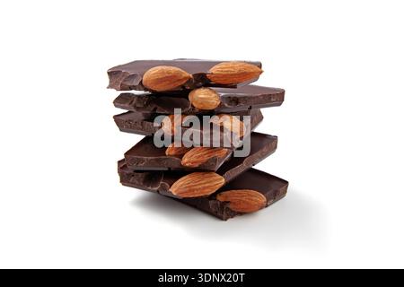 Pieces of dark chocolate with almonds in a stack isolated on white background. Stock Photo