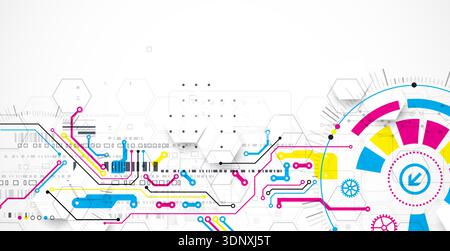 Abstract technological background with various elements. CMYK concept. Vector Stock Vector