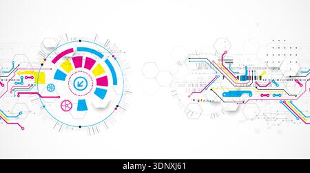 Abstract technological background with various elements. CMYK concept. Vector Stock Vector