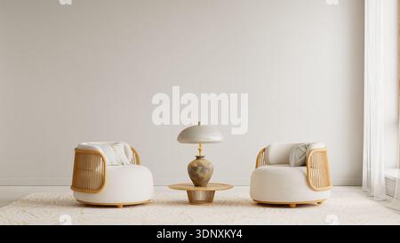 Serene living room corner featuring a cozy curved chair, artisan lamp, rattan coffee table and neutral decorative styling within spacious negative spa Stock Photo
