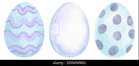 Blue Easter Eggs Watercolor Set in Pastel Color - Hand Drawn and Painted Stock Photo