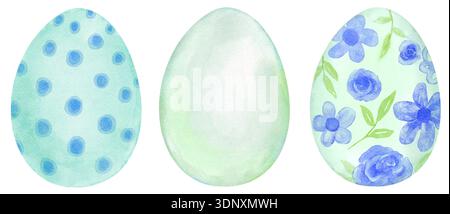 Green Easter Eggs Watercolor with Dots, Plain, and Flowers Pattern in Pastel Color - Hand Drawn and Painted Stock Photo