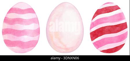 Pink Easter Eggs Watercolor with Stripe Pattern and Plain in Pastel Color Set - Hand Drawn and Painted Stock Photo