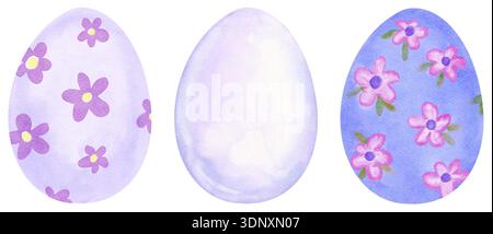 Purple Easter Eggs Watercolor, Plain and with Flower Pattern in Pastel Color - Hand Drawn and Painted Stock Photo