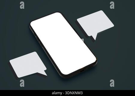 Blank smartphone screen mockup with floating speech bubbles on dark background, representing mobile messaging, chat app interface, notifications, soci Stock Photo