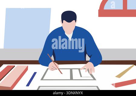 A man with dark hair is focused on his work at a desk filled with tools and materials. He is sketching designs on paper in a well-lit room with a wind Stock Photo