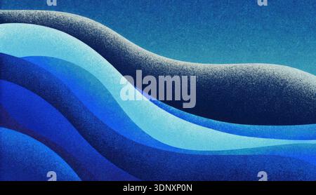 Soft curves of dark and light blue waves blend seamlessly against a deep blue sky, evoking a calm and peaceful atmosphere, perfect for relaxation and Stock Photo