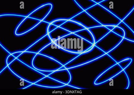 Abstract neon illustration featuring vibrant blue circles and intersecting lines on a black backdrop. Perfect for modern digital art, dynamic backgrou Stock Photo