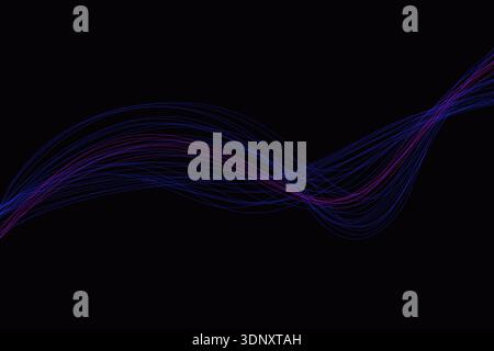 Vibrant neon lines create a dynamic wave pattern against a black backdrop. The illustration features purple and blue hues, forming an abstract and fut Stock Photo