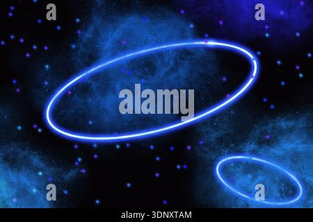 A captivating neon-themed illustration featuring glowing circles set against a cosmic backdrop. The vivid neon colors and starry background create an Stock Photo