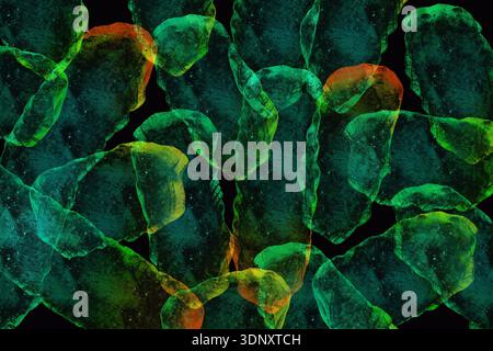 This vibrant illustration features overlapping neon patterns in green and orange hues, creating a dynamic backdrop. The abstract design evokes a sense Stock Photo