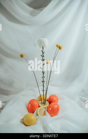 A minimalist arrangement featuring a white chrysanthemum, yellow billy buttons, and citrus fruits on soft white fabric, creating an elegant and fresh Stock Photo