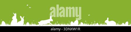 Easter border with Easter eggs and bunnies on the grass. Green Easter vector banner for card, invitation, poster or flier Stock Vector