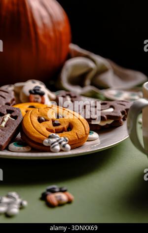A festive assortment of Halloween cookies featuring pumpkins, ghosts, and bats on a white plate. Set against a green cloth backdrop with a pumpkin enh Stock Photo