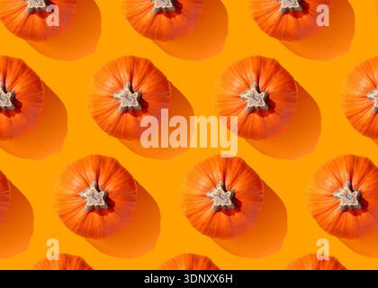 Top view of pumpkins arranged in a seamless pattern on a vibrant orange background. The image creates a festive, autumnal atmosphere perfect for seaso Stock Photo