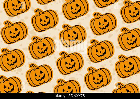 Seamless pattern of jack-o-lanterns in vibrant orange with spooky carved faces. Designed on a light beige background, perfect for Halloween-themed dec Stock Photo